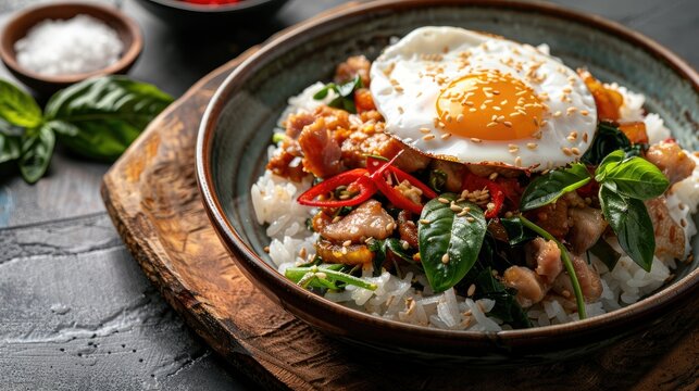 Yummy Pad Krapow Moo Krob, steam rice with crispy pork and Holy Basil, fried egg on top, macro photography, masterpiece presentation