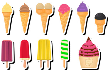 Illustration on theme big kit ice cream popsicle different types in cone waffle cup