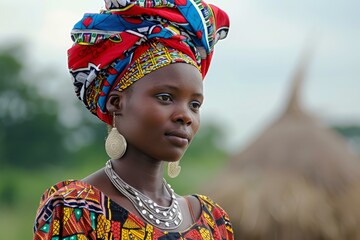 Portrait of a serene african woman adorned with a colorful headwrap and ethnic jewelry