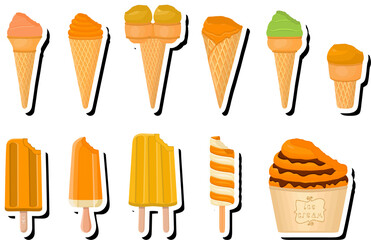 Illustration on theme big kit ice cream popsicle different types in cone waffle cup