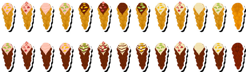 Illustration on theme big kit different types cone waffle with bubbles for dessert biscuit