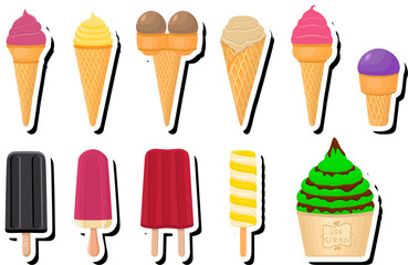 Illustration on theme big kit ice cream popsicle different types in cone waffle cup