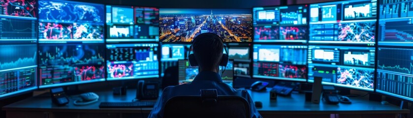 Cybersecurity operations center, one operator in a sea of screens, strategic and critical environment, dim lighting for focus