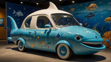 A playful, ocean-themed cartoon car shaped like a friendly dolphin, complete with fins and a smiling face ai_generated