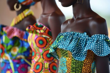 Vibrant and colorful african fashion mannequins showcasing traditional ethnic clothing and intricate patterns in a retail display environment