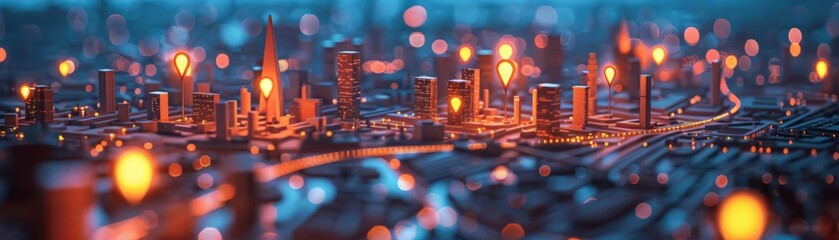 Obraz premium Detailed scale model of a hightech city, location pins glowing, perfect for urban development and smart infrastructure presentations
