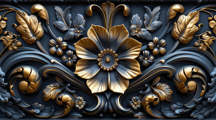 A stunning close-up of an ornate floral carving, featuring a large central flower with gold accents, surrounded by detailed leaves and tendrils on a dark.