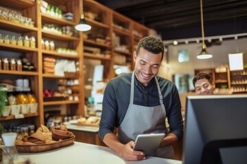 smiling deli manager working on a tablet and laptop in his shop