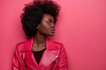 Fashionable african american woman with afro hairstyle wearing a red jacket against a vibrant pink backdrop