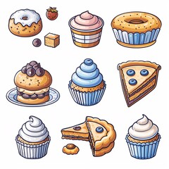 Baking-related 2D icons outlined in blue on white.