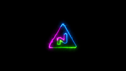 Neon triangular road sign . Glowing curves road sign. Triangle warning road sign. Road warning sign.