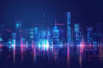 Vector Illustration Urban Architecture, Cityscape With Space and Neon Light Effect. Modern Hi-tech, Science, Futuristic Technology Concept.