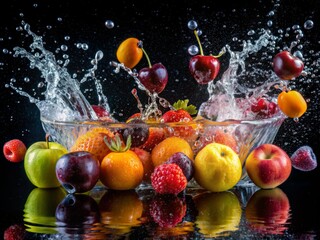 Many fruits falling into water against black background.
