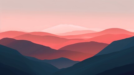 Fototapeta premium Abstract landscape of rolling hills in gradient hues of red and blue creating a serene, atmospheric sunset scene.