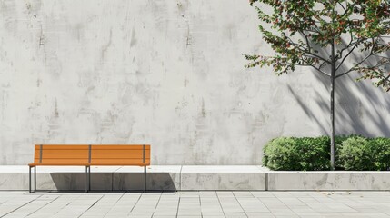 Modern urban park with an empty wooden bench, concrete wall background, and solitary tree casting a shadow.