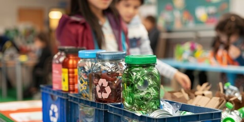 A school science fair with projects focusing on innovative recycling methods generated by AI