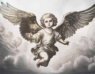 Illustration of a winged cherub, engraving from the 1800s