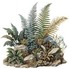 Fototapeta premium A lush arrangement of various green plants and flowers, depicting a natural and serene garden scene.