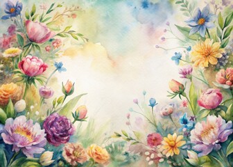 Vibrant Watercolor Floral Background with Colorful Flowers and Soft Pastel Sky, Perfect for Invitations, Greeting Cards, and Artistic Projects