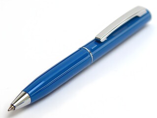 Close up of a Sleek Blue Ballpoint Pen on a Clean White Background