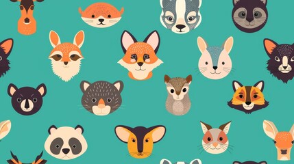 This image features a playful and vibrant pattern of various cute cartoon animal faces set against a teal background, offering a sense of joy and whimsy