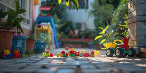 A pile of blocks and a toy truck are on a brick walkway. The blocks are scattered around the truck, and the truck is positioned in the middle of the scene. Scene is playful and casual