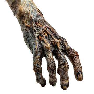 Close-up of a detailed, decayed zombie hand against a transparent background. Perfect for Halloween and horror-themed designs.
