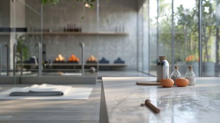 A serene modern bathroom interior showcasing natural light, clean lines, minimalist decor, and elegant bath accessories on a marble countertop