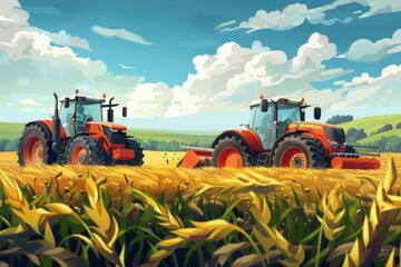 Obraz premium Illustration of two advanced tractors working on a vibrant wheat farm under a clear sky