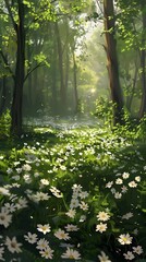 Fototapeta premium Enchanting Springtime Floral Sanctuary in a Verdant Forest Landscape