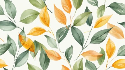 Stunning watercolor illustration featuring a seamless pattern of colorful green and orange leaves on a crisp white background, perfect for a variety of design uses