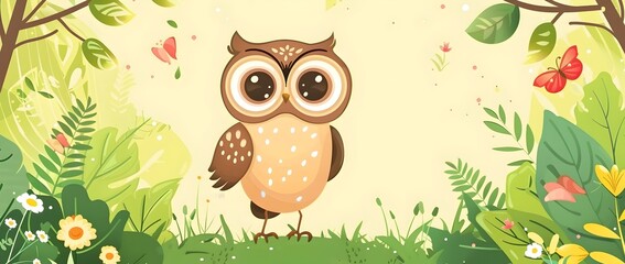 Obraz premium Joyful Owl in Whimsical Garden Frame with Blank Space for Greeting Card or Invitation Background