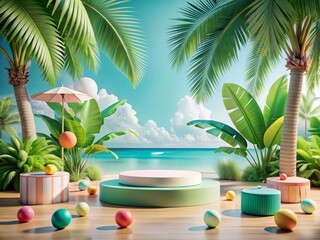 Obraz premium Tropical Round Podium for Product Display with Palm Trees and Beach Background - Perfect for Summer, Vacation, and Nature-Themed Presentations