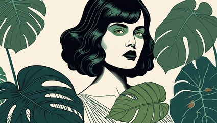 person with a leaf illustration featuring a young woman with dark hair with a massive  green Monstera plant growing