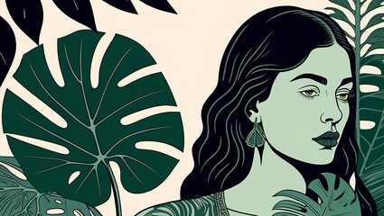 person with a leaf illustration featuring a young woman with dark hair with a massive  green Monstera plant growing