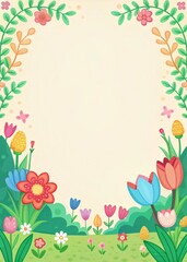 Obraz premium Colorful Spring Floral Frame with Various Flowers and Leaves on a Light Background, Perfect for Invitations, Greeting Cards, and Seasonal Designs