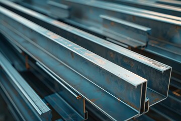 Close-up of metal beams stacked in a warehouse, showcasing industrial metal materials and construction elements.