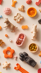 Pet accessories and food of different shapes, set against a light isolated background