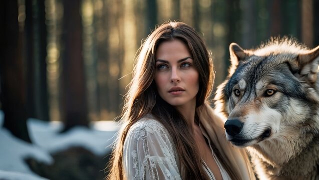 portrait of a woman with a wolf blends the beauty of a female figure with the majestic presence of a wolf.