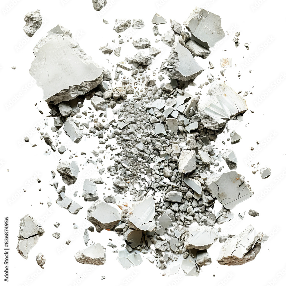 Wall mural top view of crushed rocks scattered on a white background, showing various sizes of broken rocks and