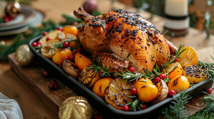 roast turkey presented for carving in a modern kitchen, christmas and thanksgiving celebraition concept, food industry