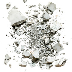 Top view of crushed rocks scattered on a white background, showing various sizes of broken rocks and pebbles.