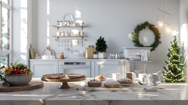 baked christmas cookies and mince pies in a modern kitchen