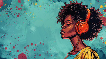 girl with headphones, vivid colours, pop art style dj theme