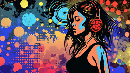 girl with headphones, vivid colours, pop art style dj theme