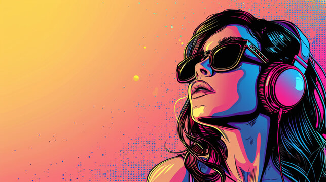 girl with headphones, vivid colours, pop art style dj theme
