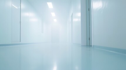 Empty hospital room, close-up in fog, no humans, soft focus, morning light 