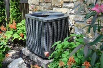 Modern ac unit outside a home surrounded by green plants and flowers