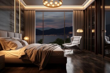 elegant bedroom interior with double bed, night tables, armchair and seaview through window