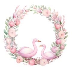 Obraz premium A cute pastel wreath swan watercolor painting texture, Perfect for nursery art and children's book illustration style, simple, cute, full color, clipart